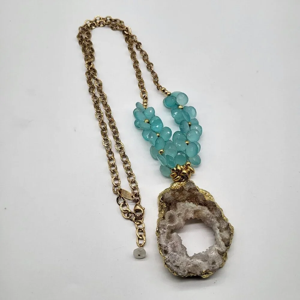 Laura J Finery Gold Plated Brass Necklace Druzy Geode Pendant Teal Gemstones - Picture 11 of 12